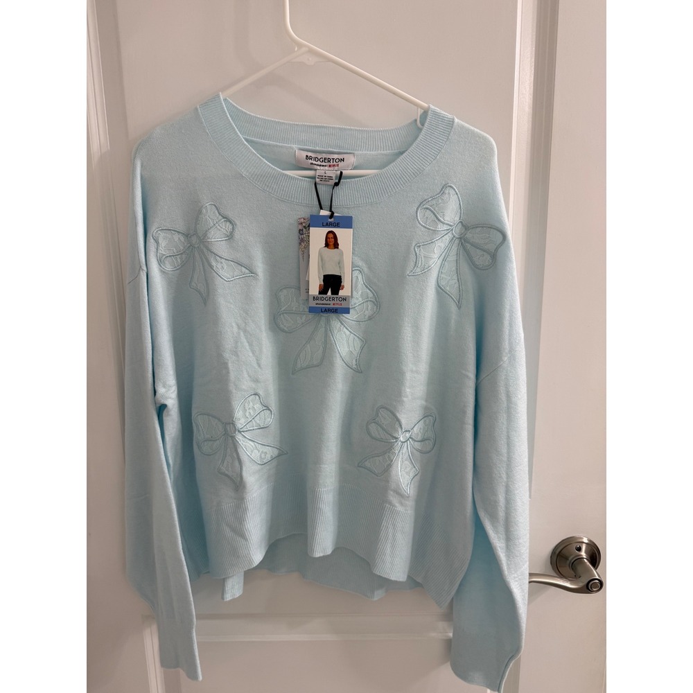 Bridgerton Netflix Light Blue Lace Bow Applique Crewneck Sweater NWT Large